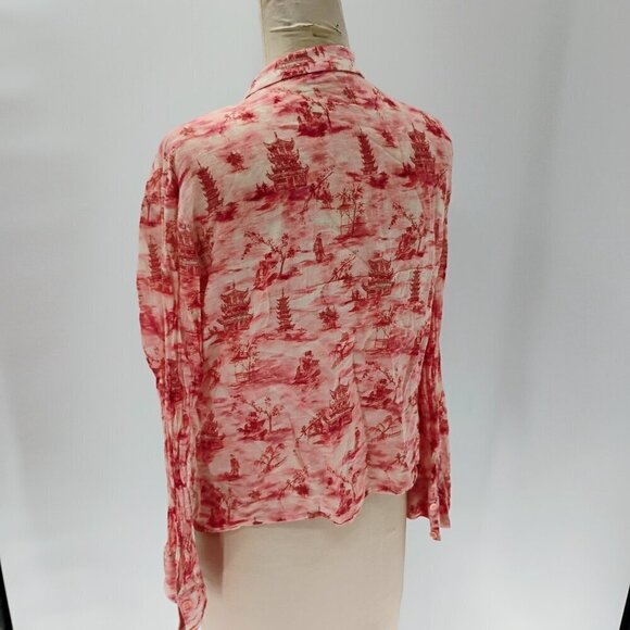 Zara lightweight Top Button Up 100% Cotton Long Sleeve Pink Japanese Print - Picture 6 of 12